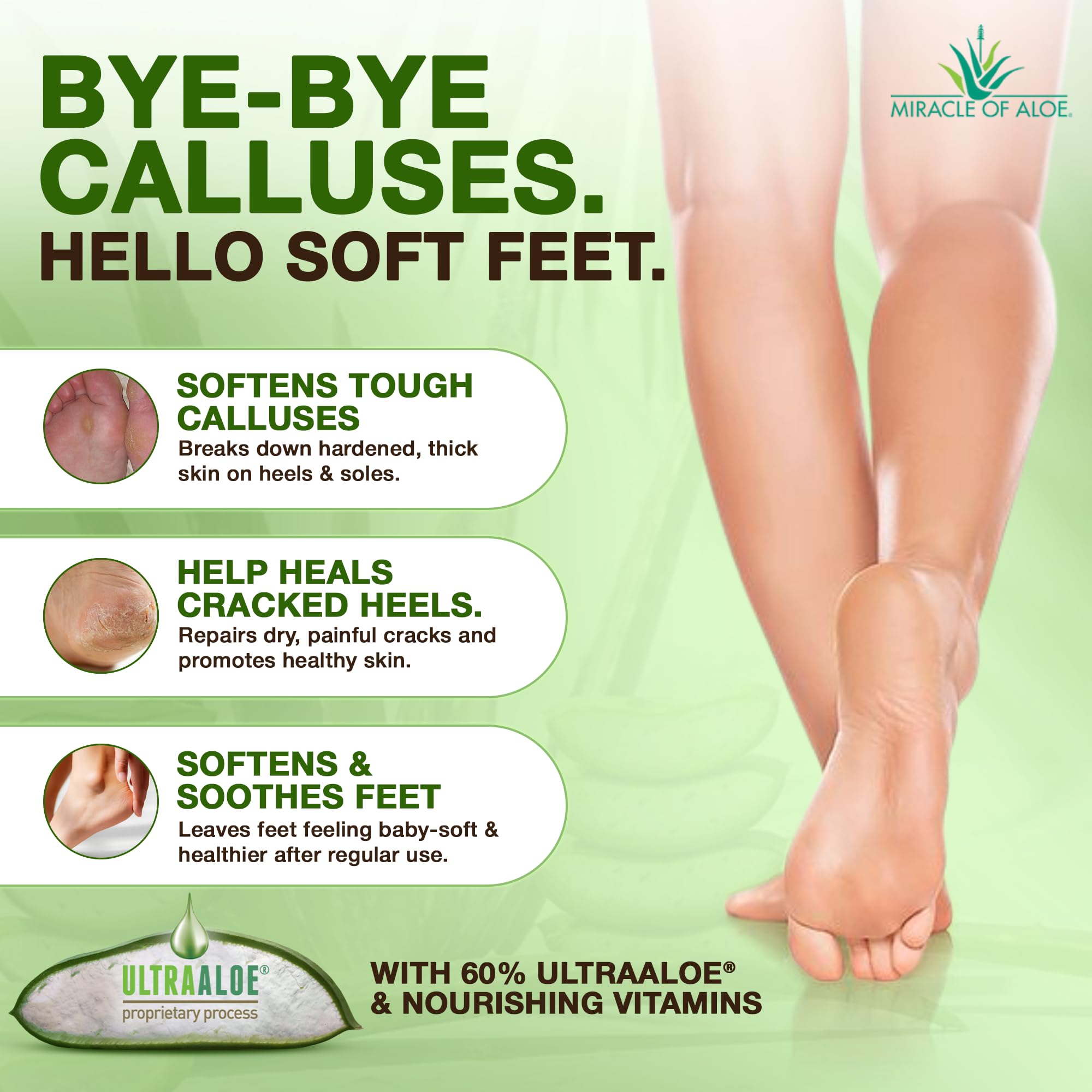 Back label view of authentic USA imported Miracle of Aloe foot care cream detailing ingredients list
