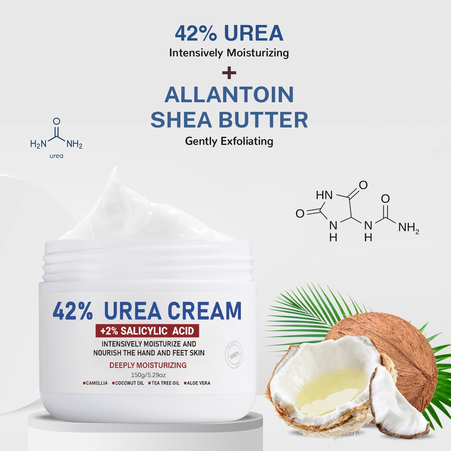 OUKEYA foot cream jar showing active ingredients of forty-two percent urea and two percent salicylic acid