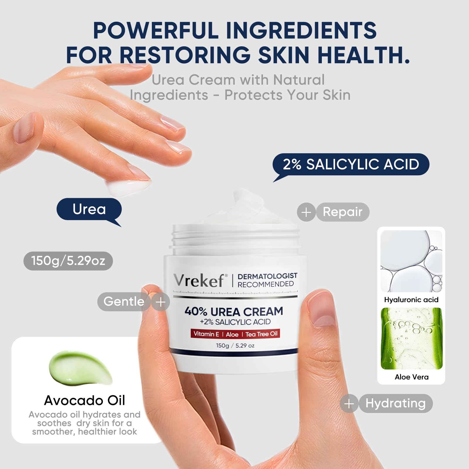 Close up of VREKEF intensive moisturizing formula packaging with salicylic acid and urea details