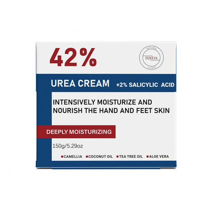Close up of OUKEYA callus remover cream showing the 150 gram net weight on the container label