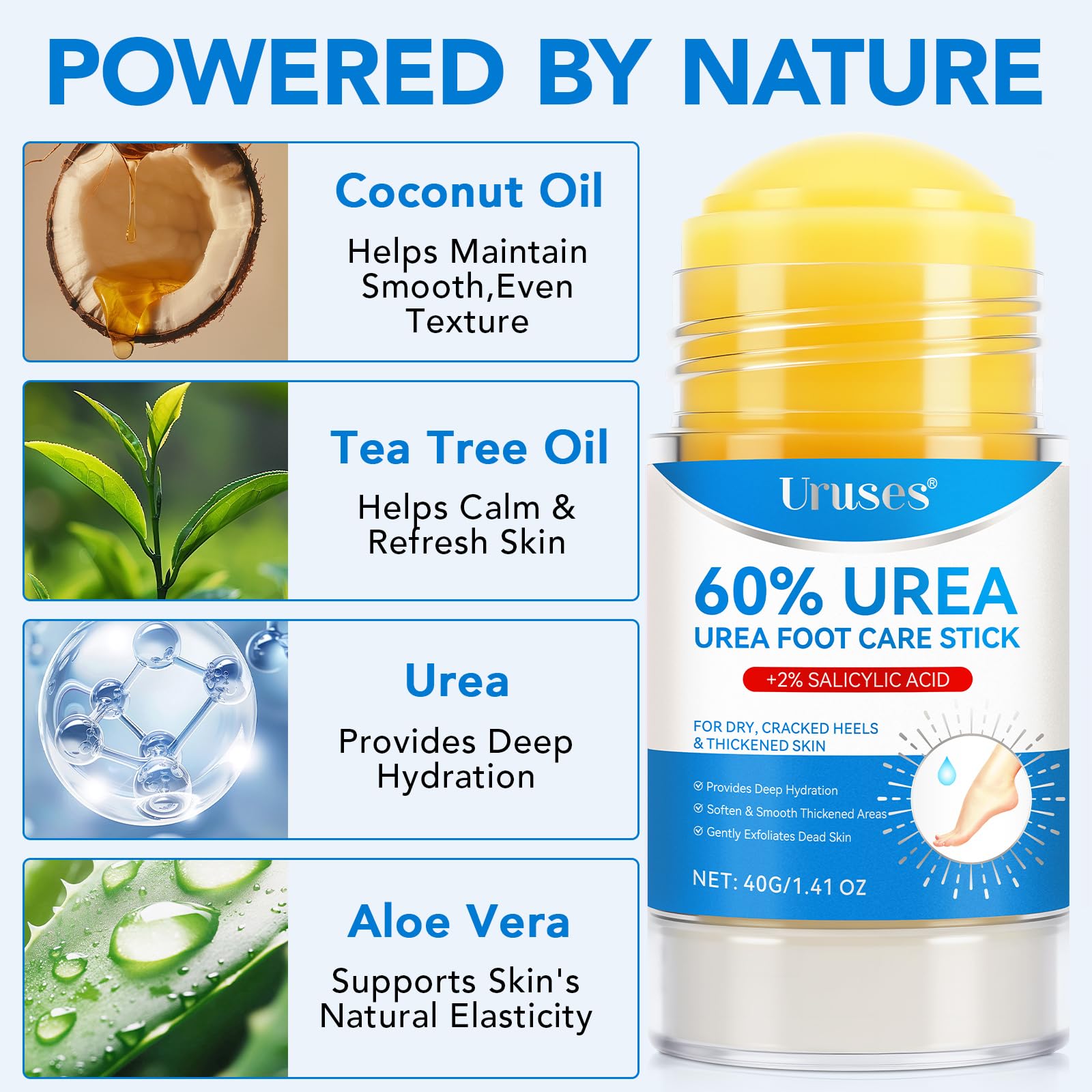 Uruses Urea Foot Care Stick portable packaging next to natural aloe vera