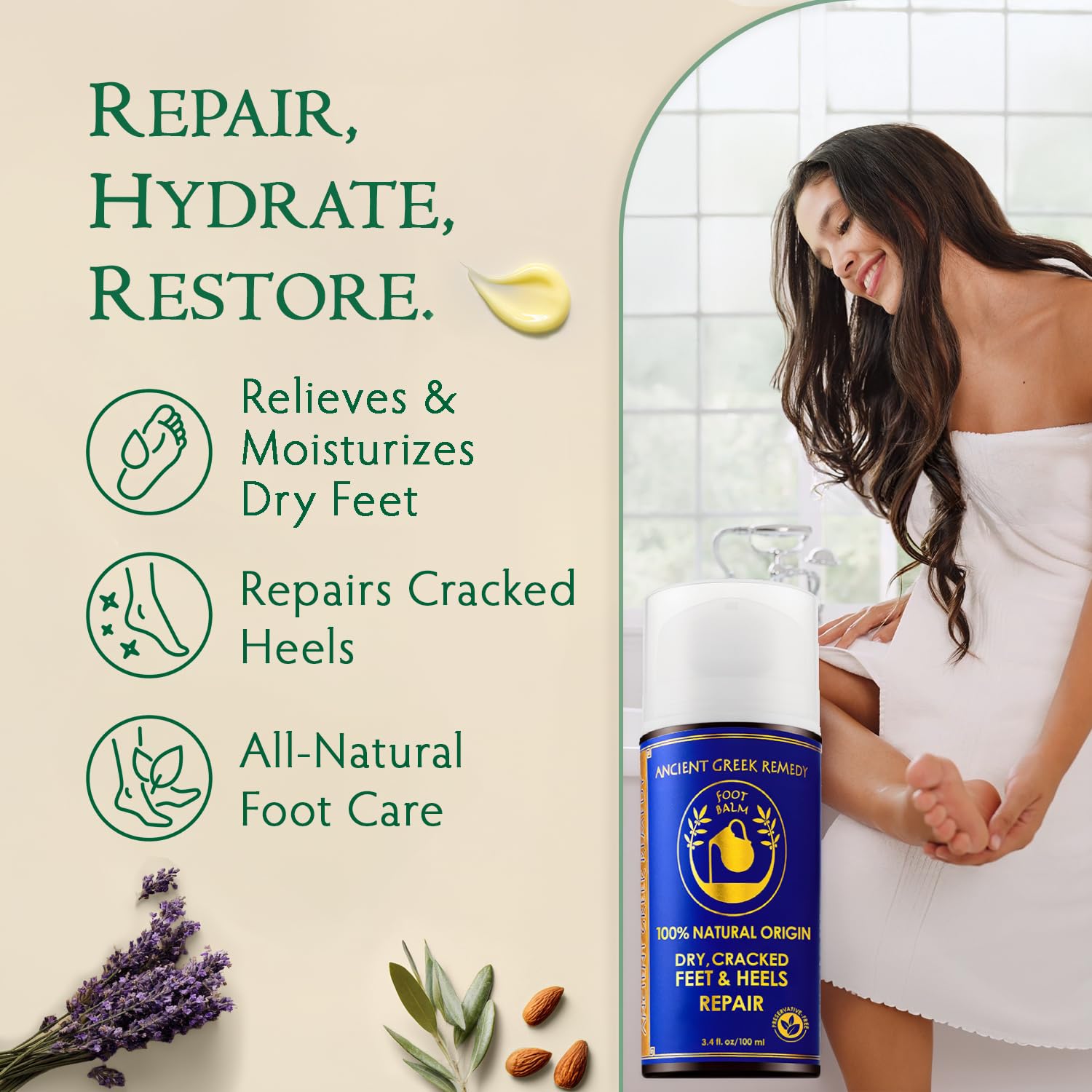 Organic foot cream jar with text detailing jojoba and lavender oil ingredients