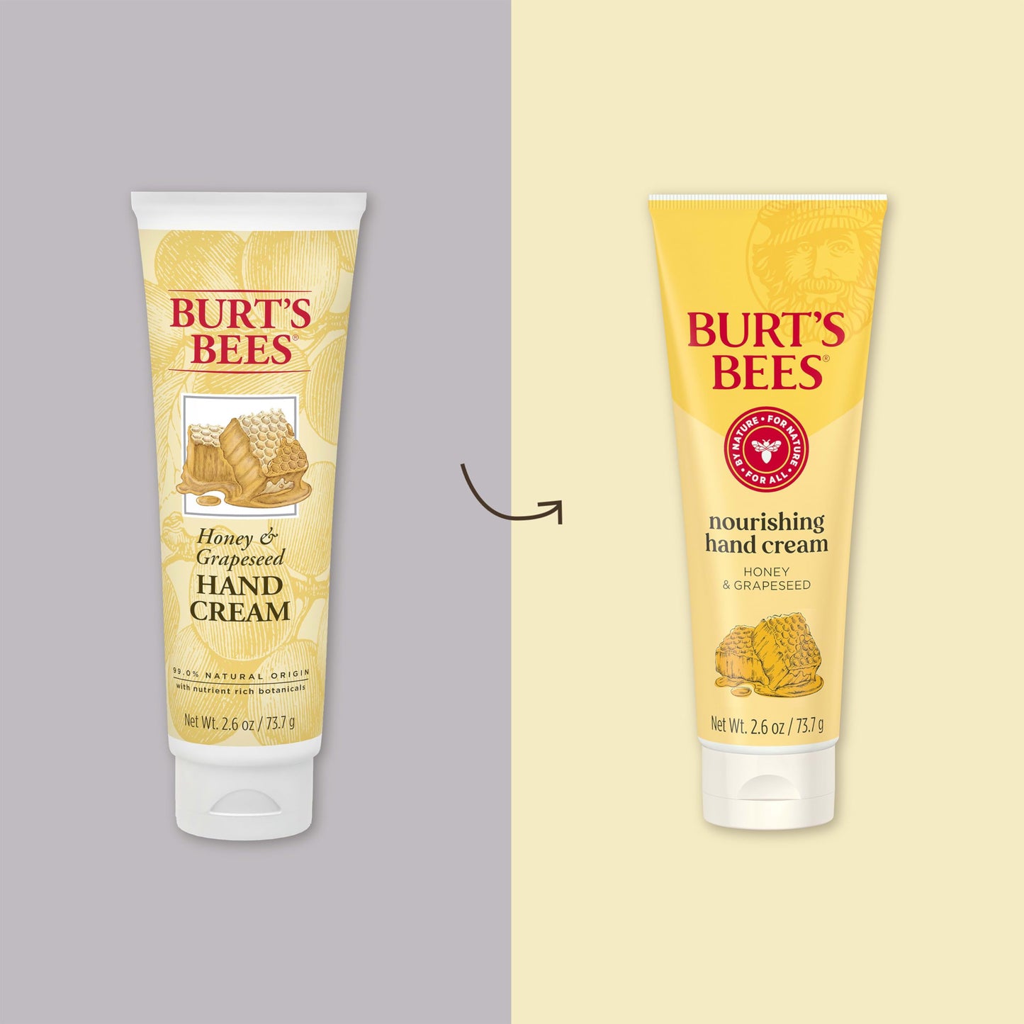 Back packaging view of Burt's Bees Nourishing Honey Hand Cream highlighting the full ingredient list and directions for dry skin therapy.