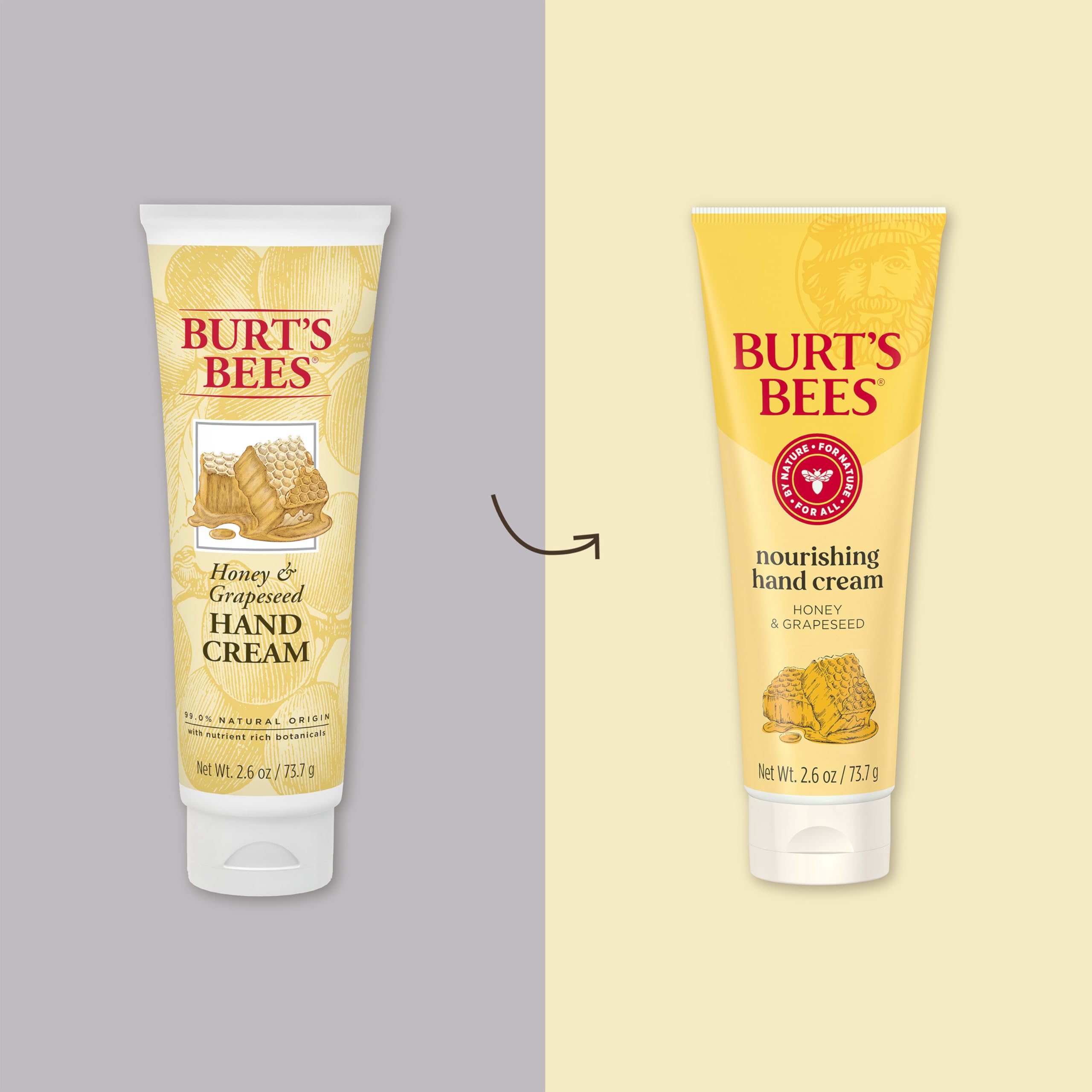 Back packaging view of Burt's Bees Nourishing Honey Hand Cream highlighting the full ingredient list and directions for dry skin therapy.
