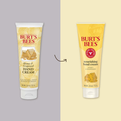 Back packaging view of Burt's Bees Nourishing Honey Hand Cream highlighting the full ingredient list and directions for dry skin therapy.