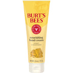 Burt's Bees Nourishing Hand Cream tube beside natural honey ingredients
