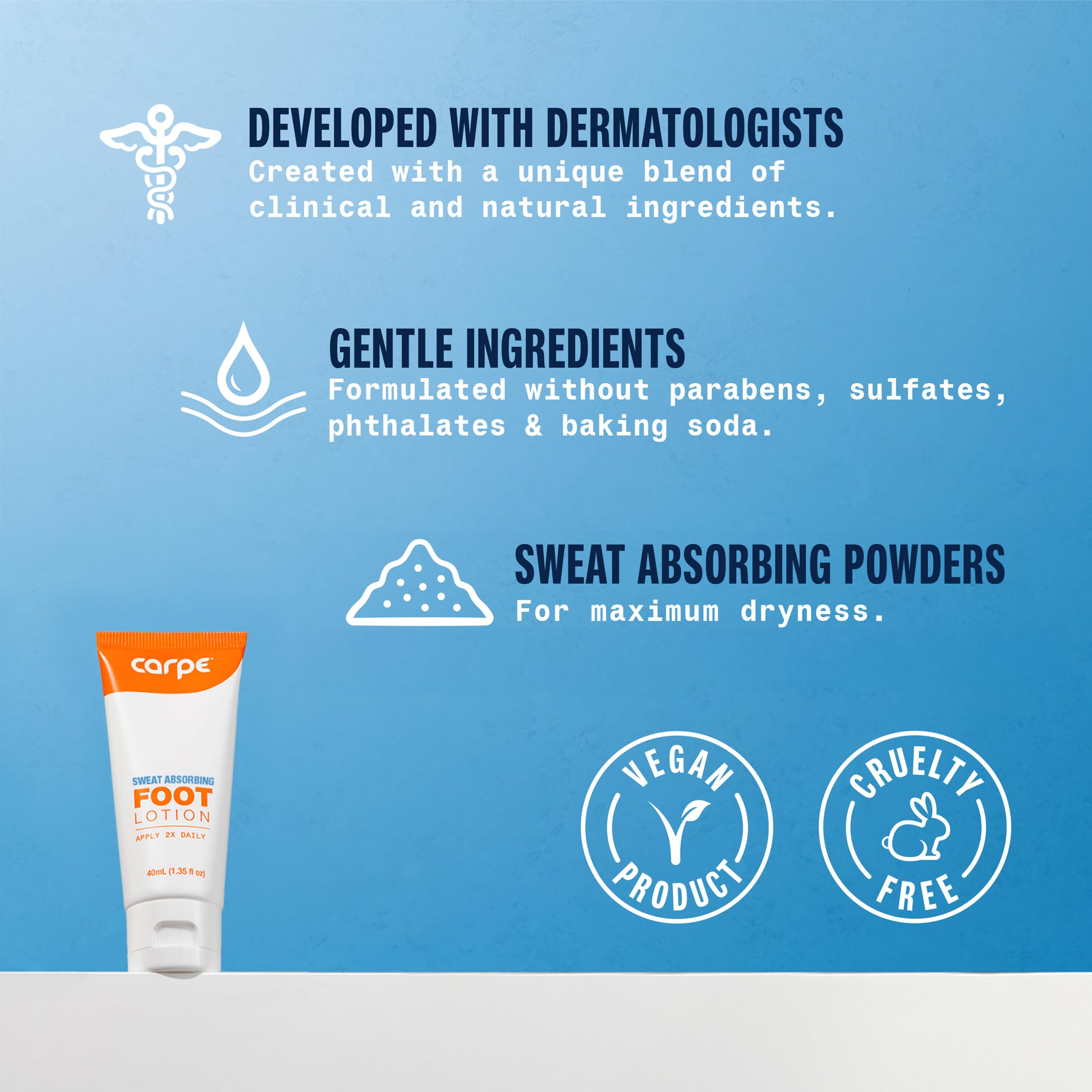 Carpe antiperspirant foot cream tubes showcasing the dermatologist recommended label details.