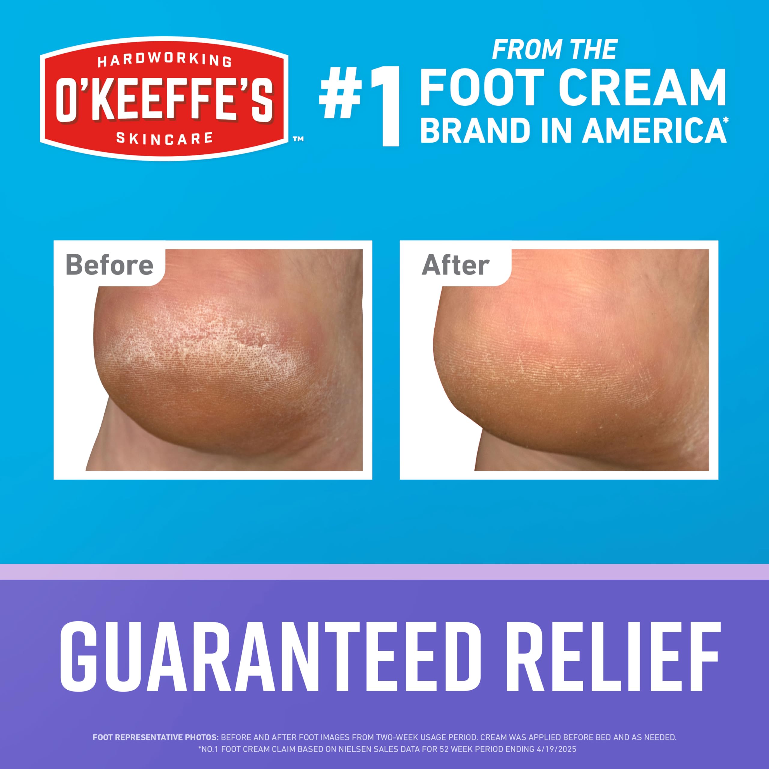 O'Keeffe's restorative foot cream tube displaying product benefits and moisture lock technology for cracked feet