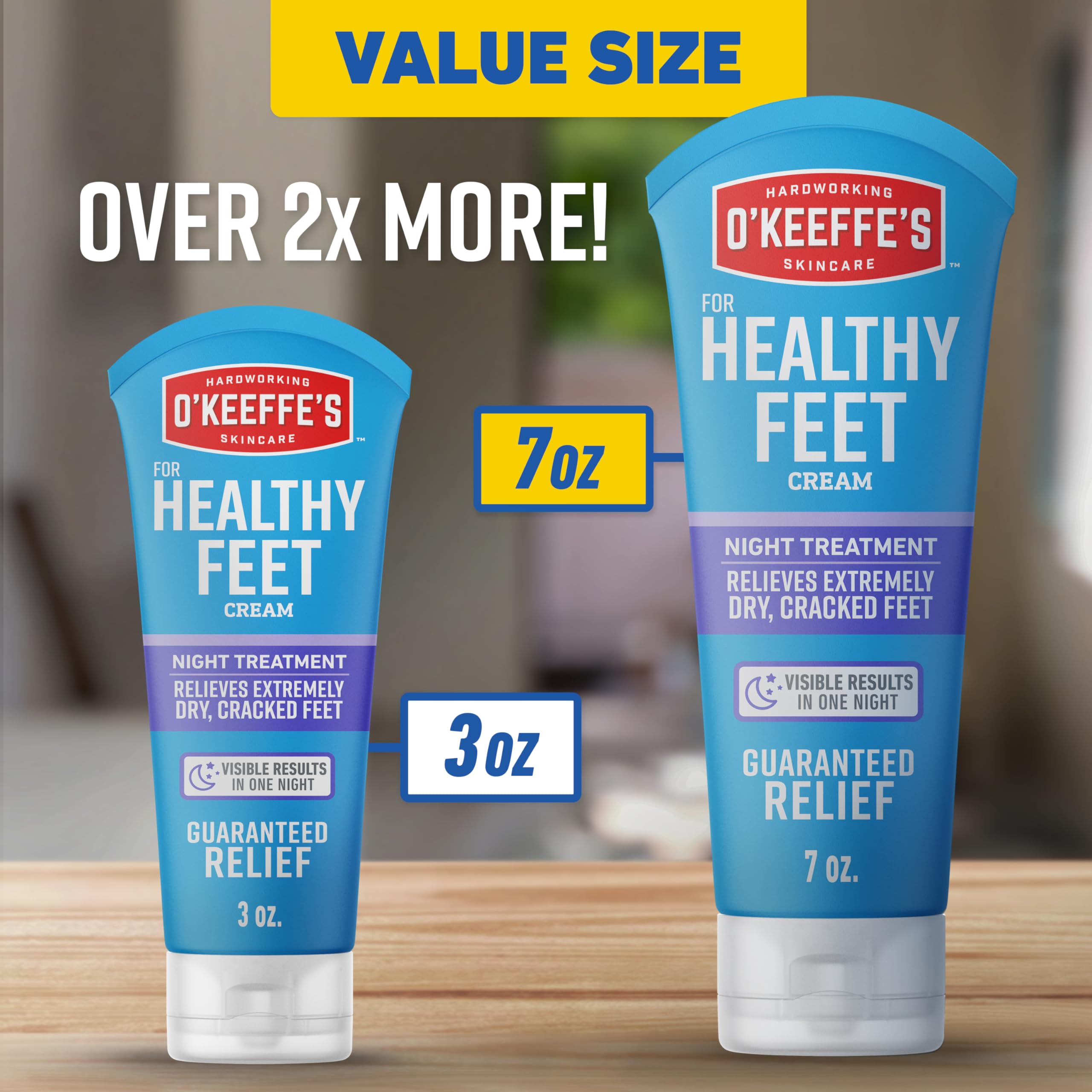 Overnight foot cream by O'Keeffe's showcasing lavender scent and hypoallergenic details on the packaging