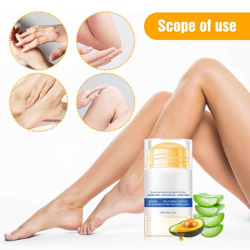 Cecurpo moisturizing heel stick and foot lotion being applied to a dry cracked heel.