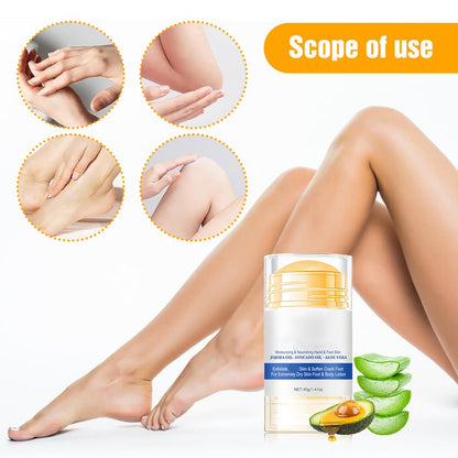 Cecurpo moisturizing heel stick and foot lotion being applied to a dry cracked heel.