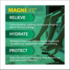 MagniLife DB foot cream jars showing symptom relief details