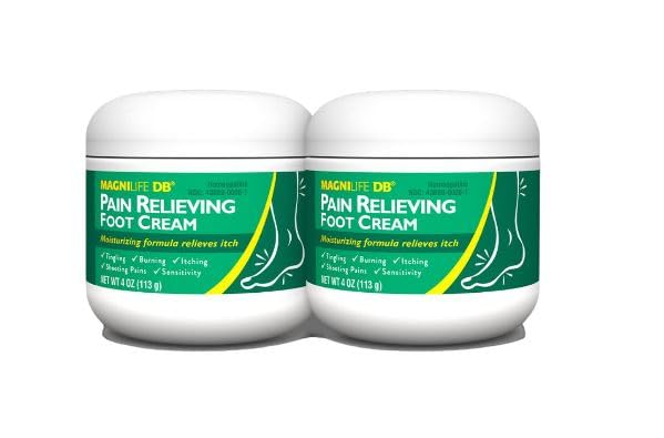 Side angle of MagniLife DB foot moisturizer package detailing the usage instructions for burning and tingling feet.