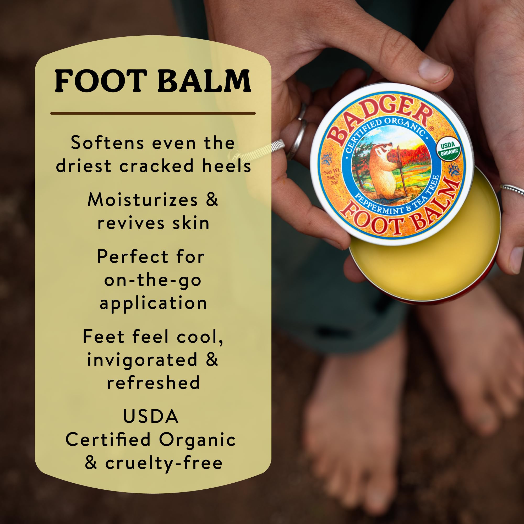 Open tin of Badger foot cream showing yellow beeswax texture.
