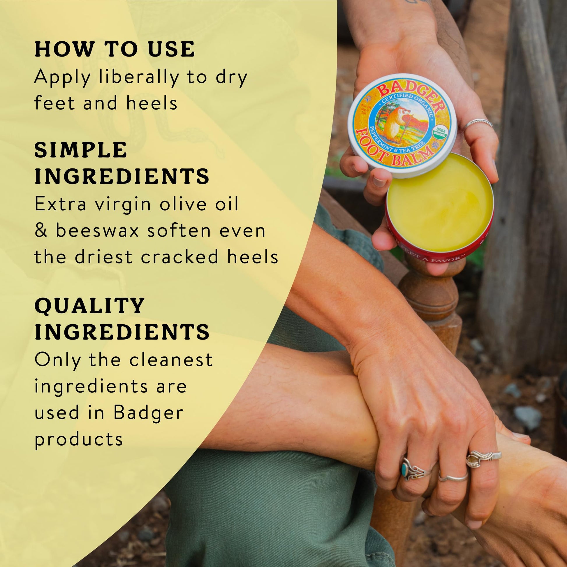 Close up of Badger foot balm ingredients list and usage instructions.