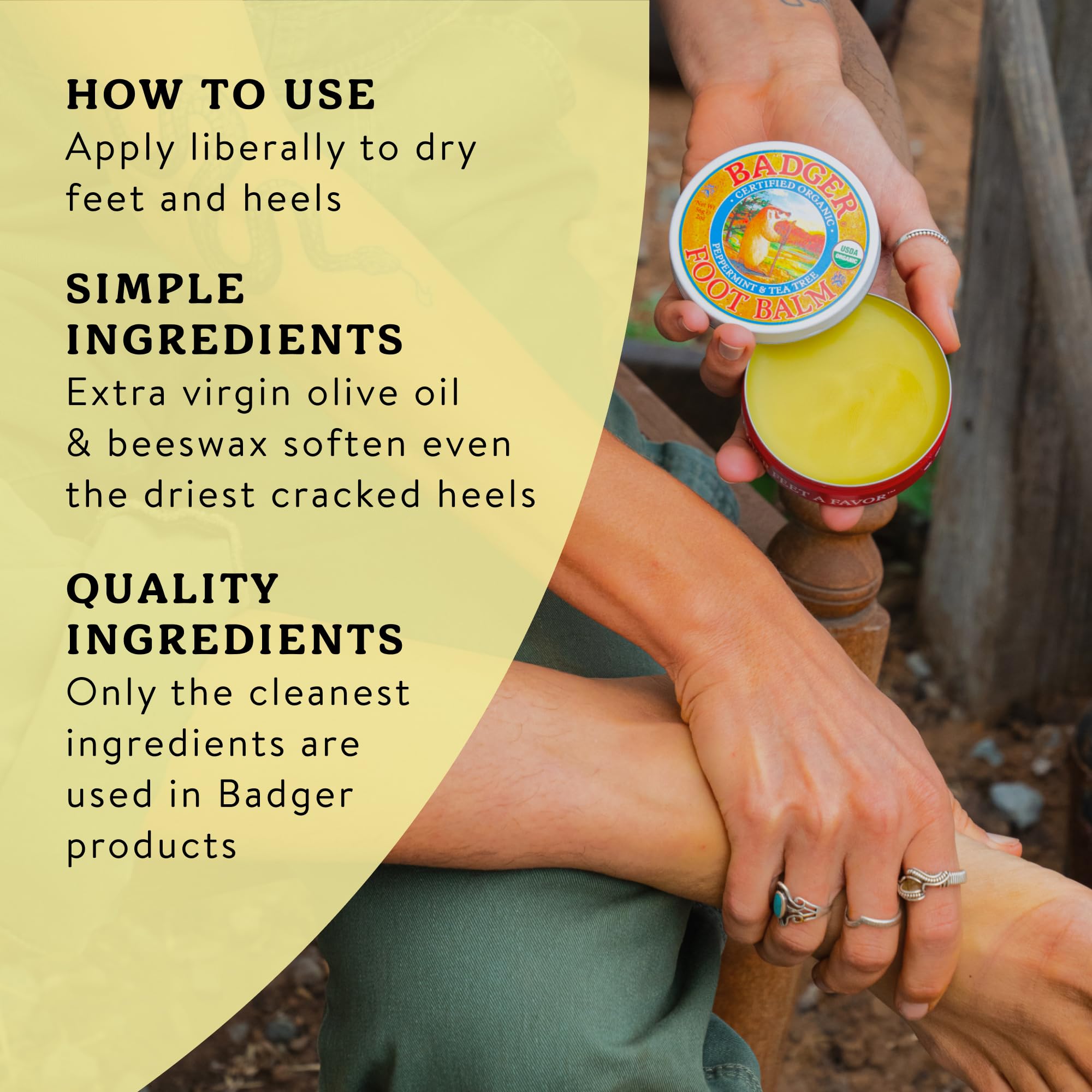 Close up of Badger foot balm ingredients list and usage instructions.