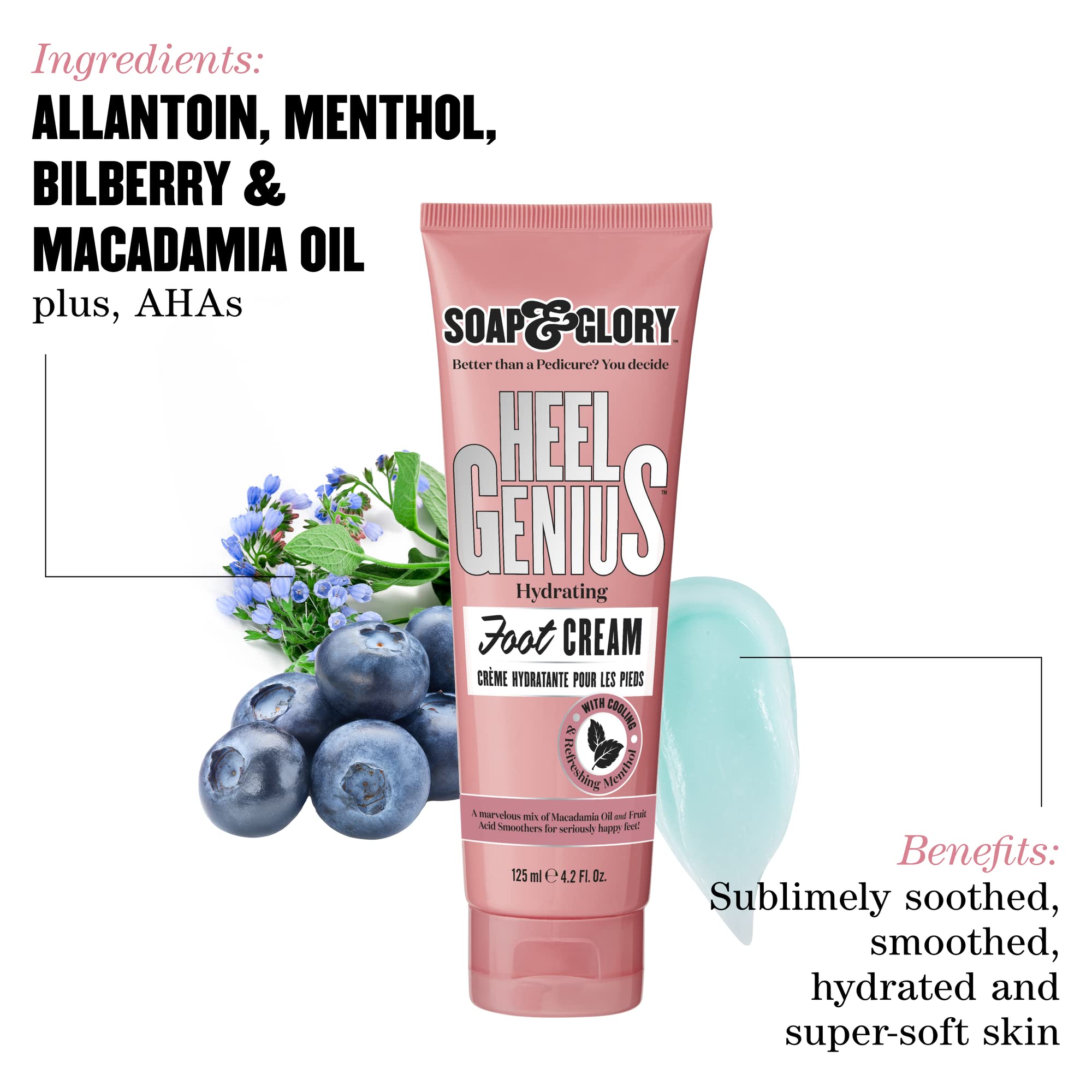 Close up of Soap And Glory Heel Genius packaging showing AHA exfoliating ingredients.