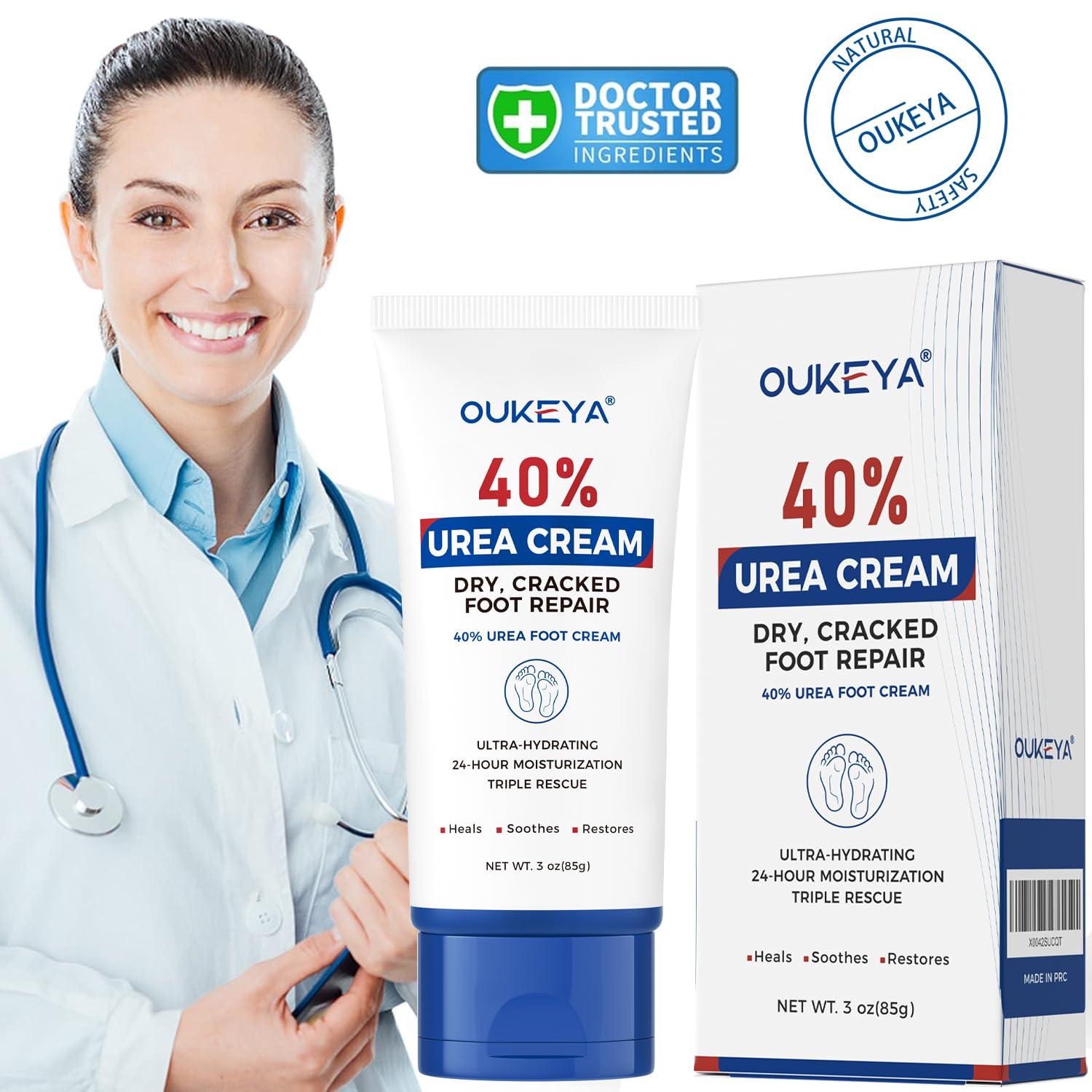 Texture shot of OUKEYA maximum strength non greasy lightweight urea foot cream