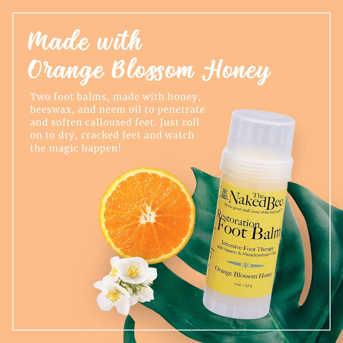 The Naked Bee foot balm stick being applied to a dry heel for intensive hydration