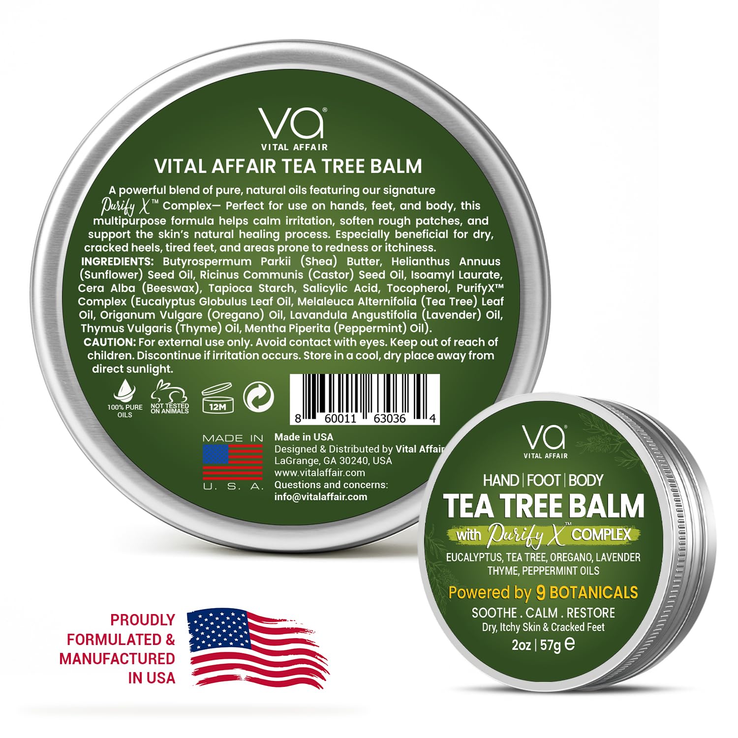 Vital Affair Tea Tree Balm packaging showing ingredients and usage instructions for cracked feet.