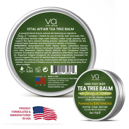 Vital Affair Tea Tree Balm packaging showing ingredients and usage instructions for cracked feet.