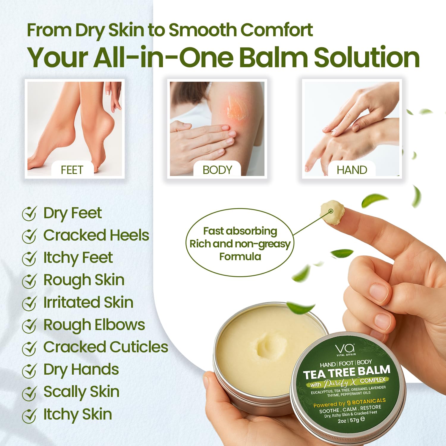 Side angle of Vital Affair Tea Tree Balm highlighting the compact travel-friendly 2 ounce packaging.