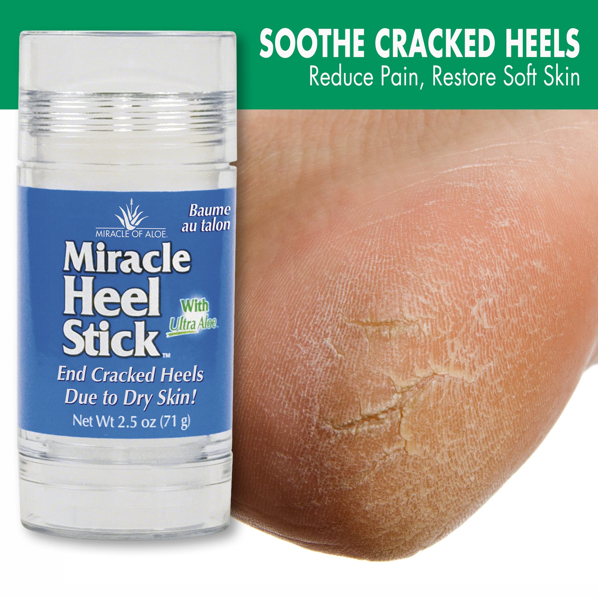 Miracle of Aloe foot balm stick showing UltraAloe and Tea Tree oil ingredients