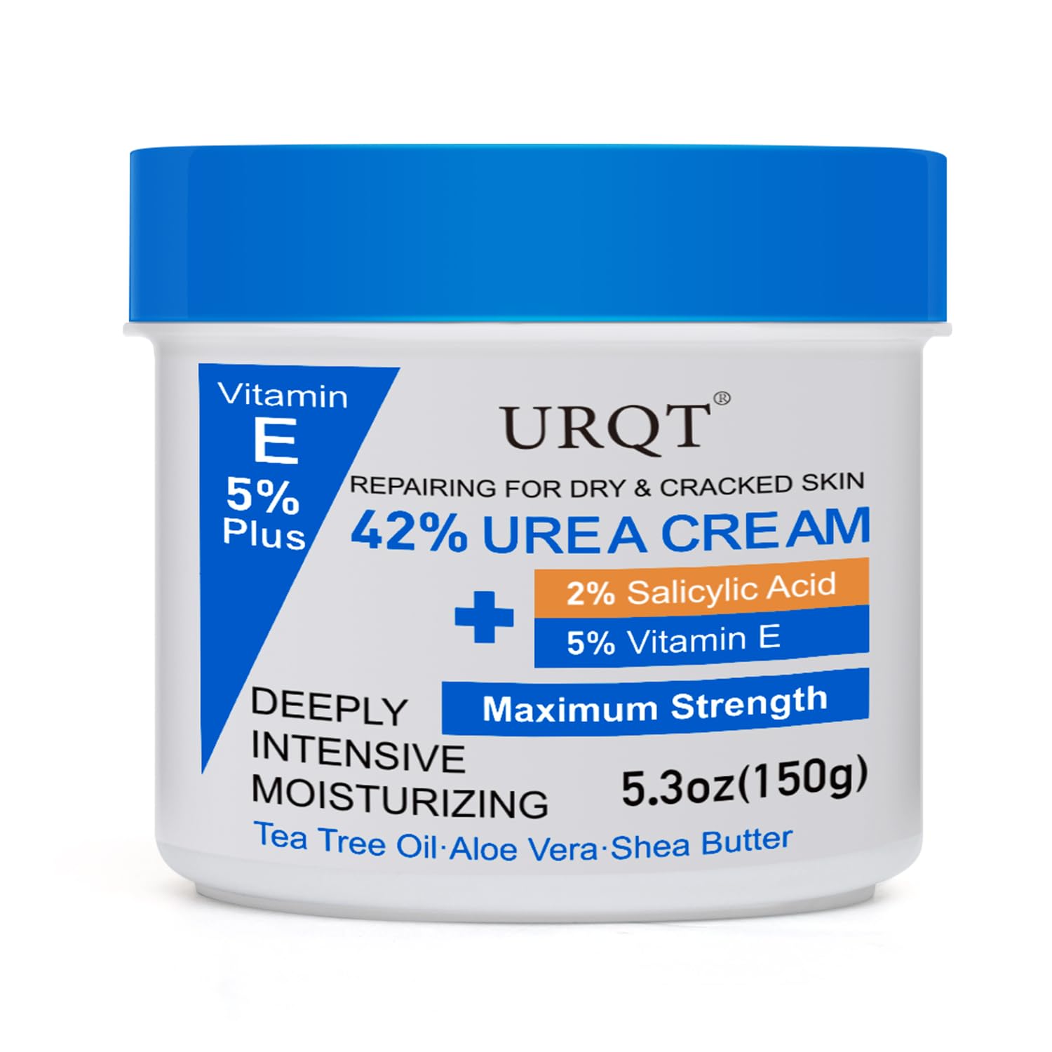 URQT intensive skin repair cream jar showcasing the text detailing forty two percent urea and two percent salicylic acid.