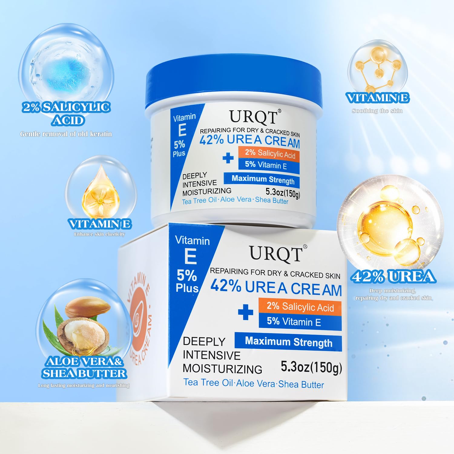 URQT cracked skin moisturizing cream displayed next to organic tea tree oil leaves and shea butter ingredients.