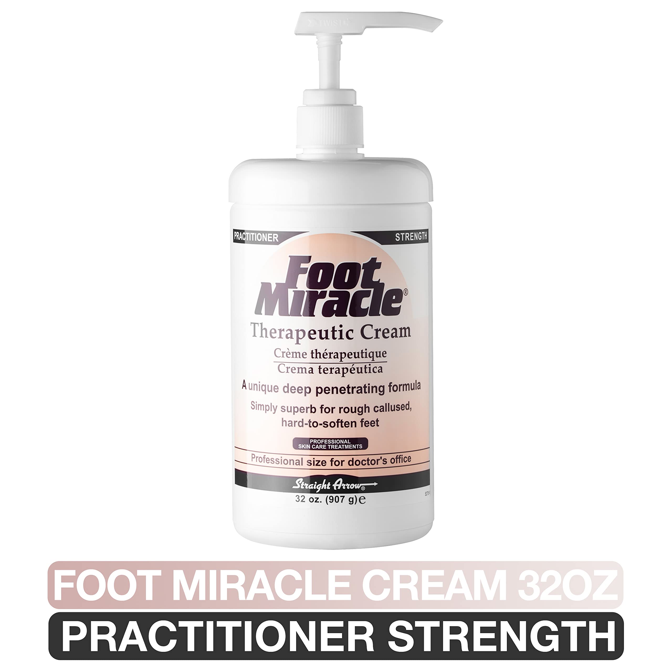 Large 32 Ounce Foot Miracle bottle with pump dispenser showing non-greasy formula details