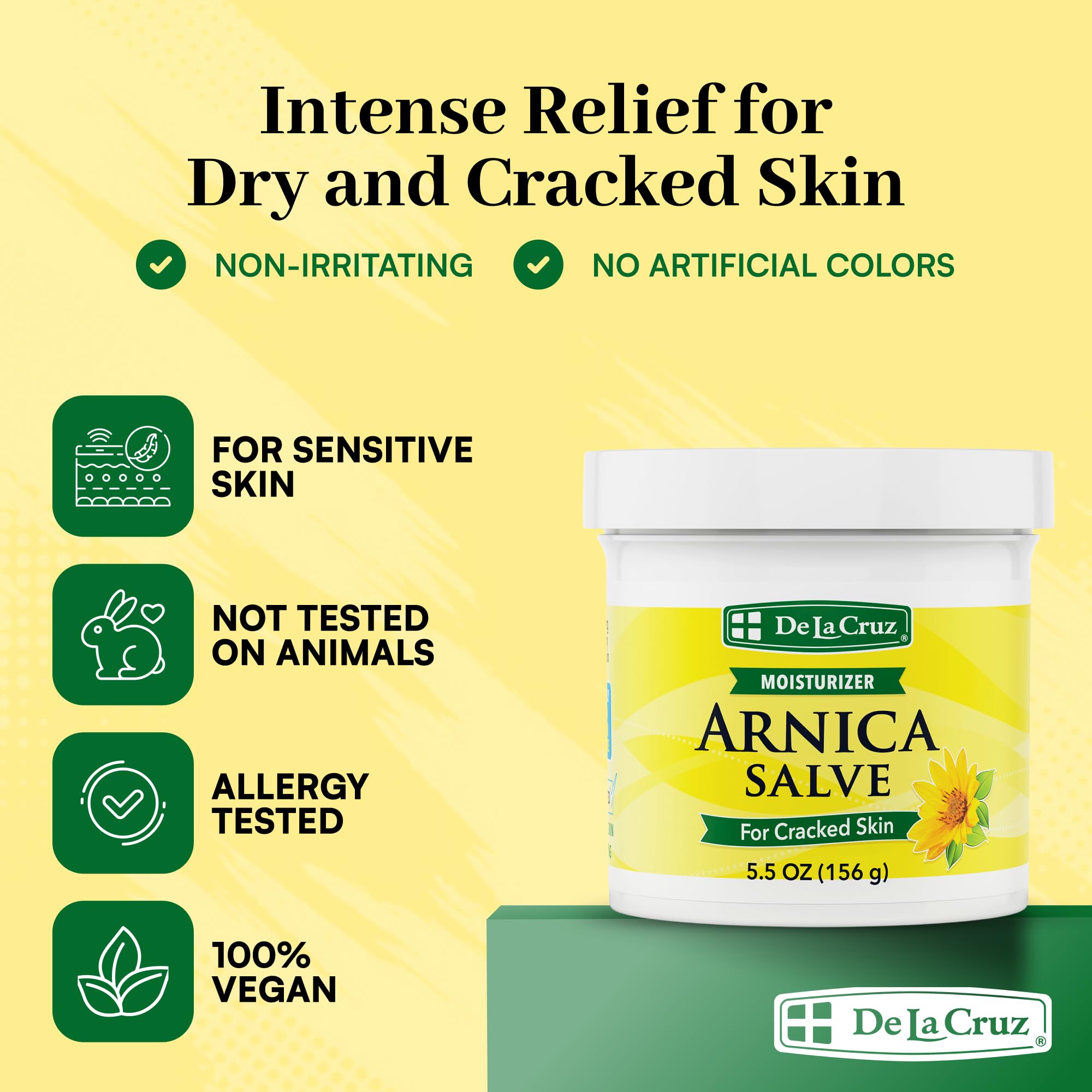 De La Cruz Arnica Salve foot care cream for dry cracked heels and rough feet.