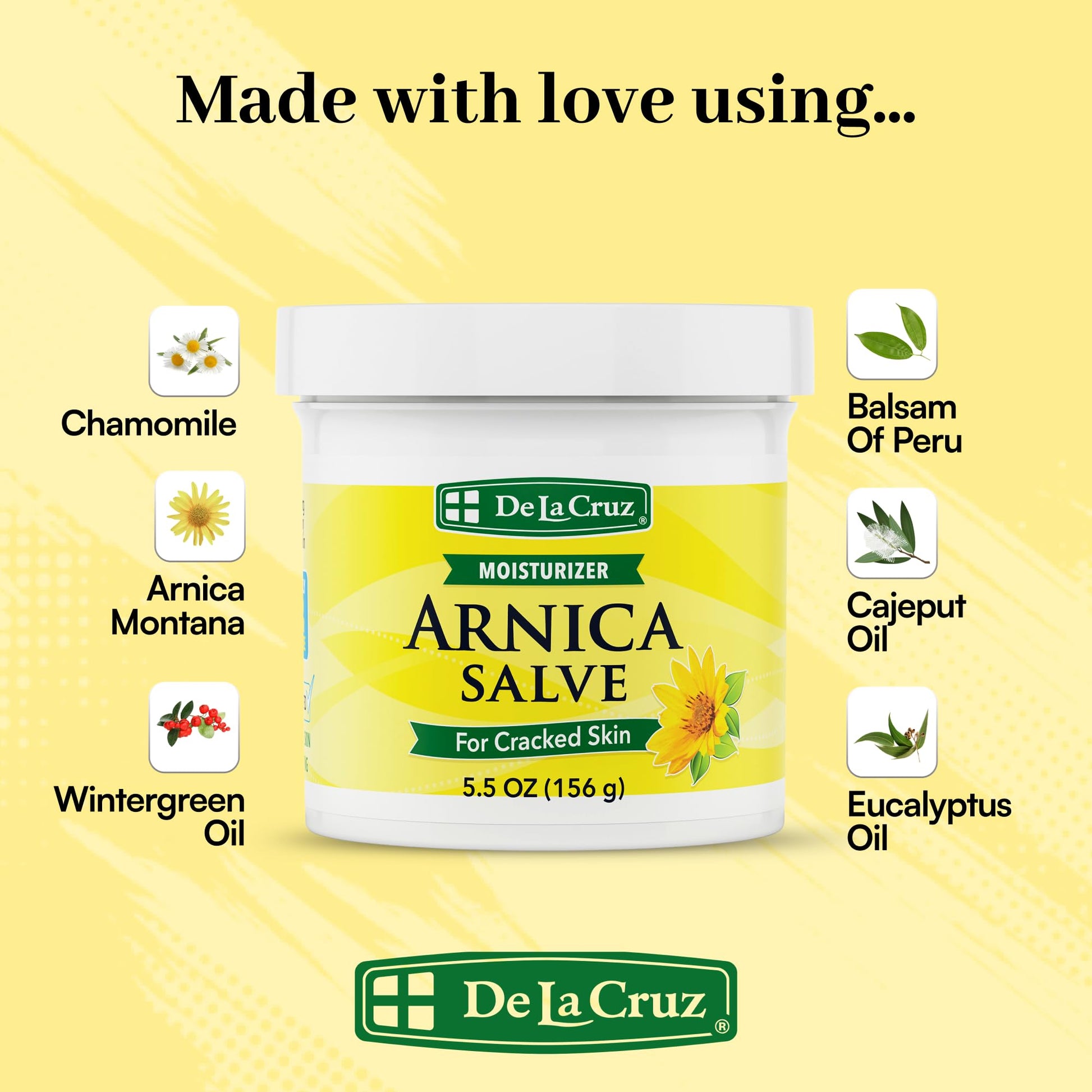 De La Cruz Arnica Salve intensive moisturizing hand balm for dry hands and skin repair.