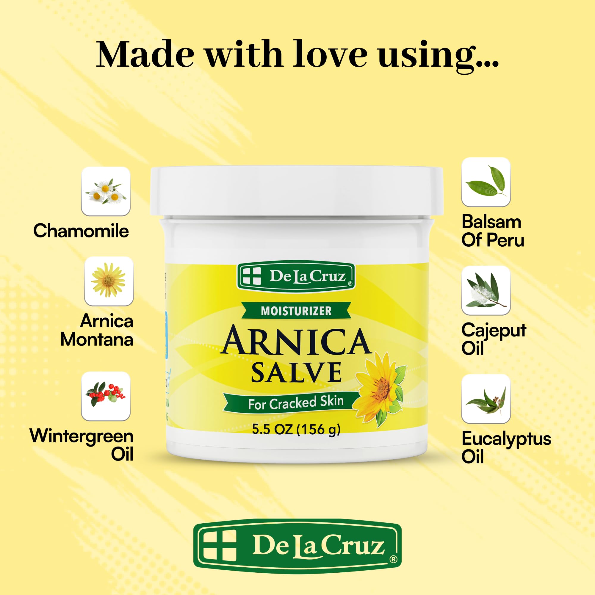 De La Cruz Arnica Salve intensive moisturizing hand balm for dry hands and skin repair.