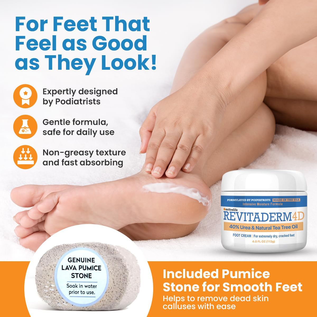 Activelife Revitaderm 4D intensive repair kit containing the 4 ounce bottle with free pumice stone and exfoliating brush