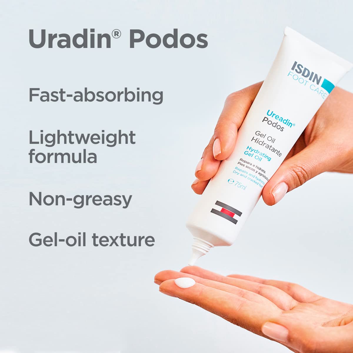 Back label of ISDIN Uradin Podos showing ingredients list and usage directions