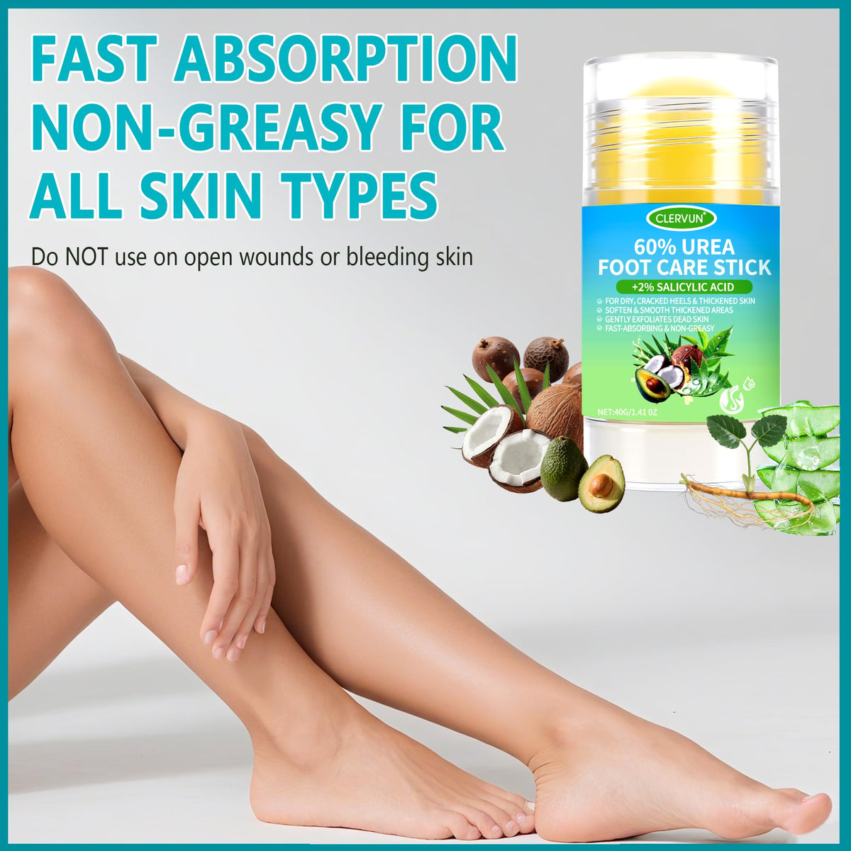 Clervun salicylic acid foot cream stick alongside retail packaging