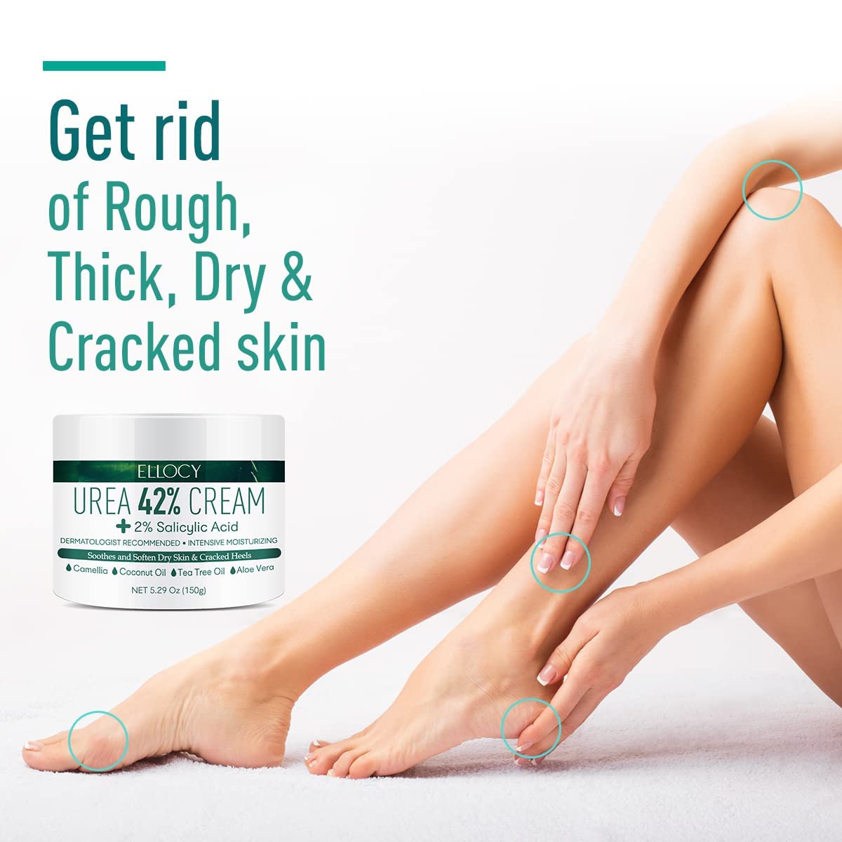 Ellocy heavy duty hydrating cream container with coconut oil and tea tree oil icons displayed