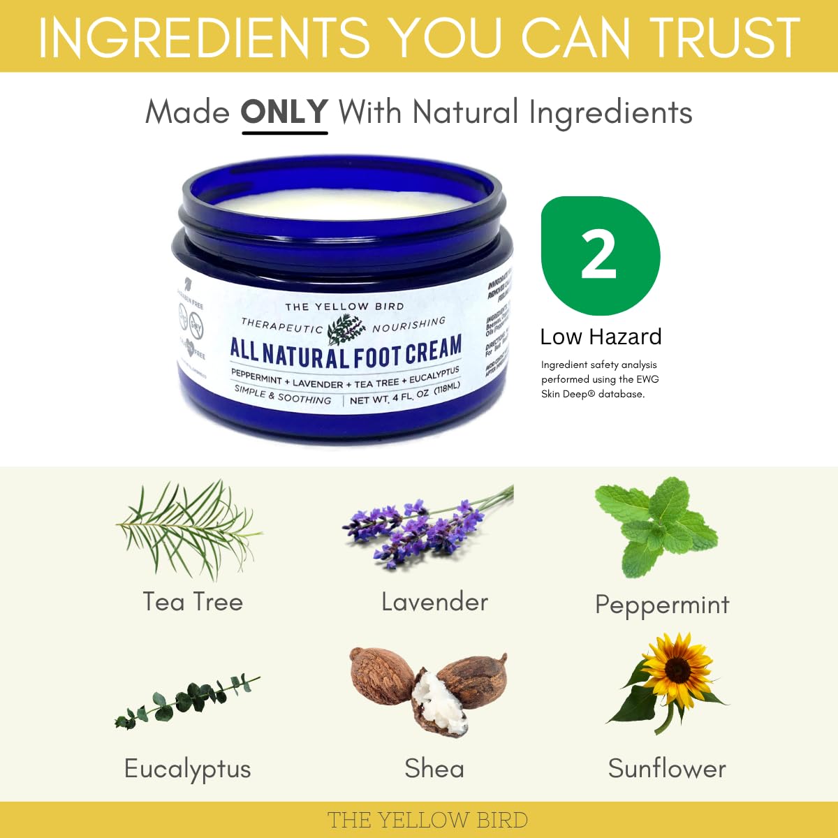The Yellow Bird foot balm showing natural ingredients like shea butter and beeswax