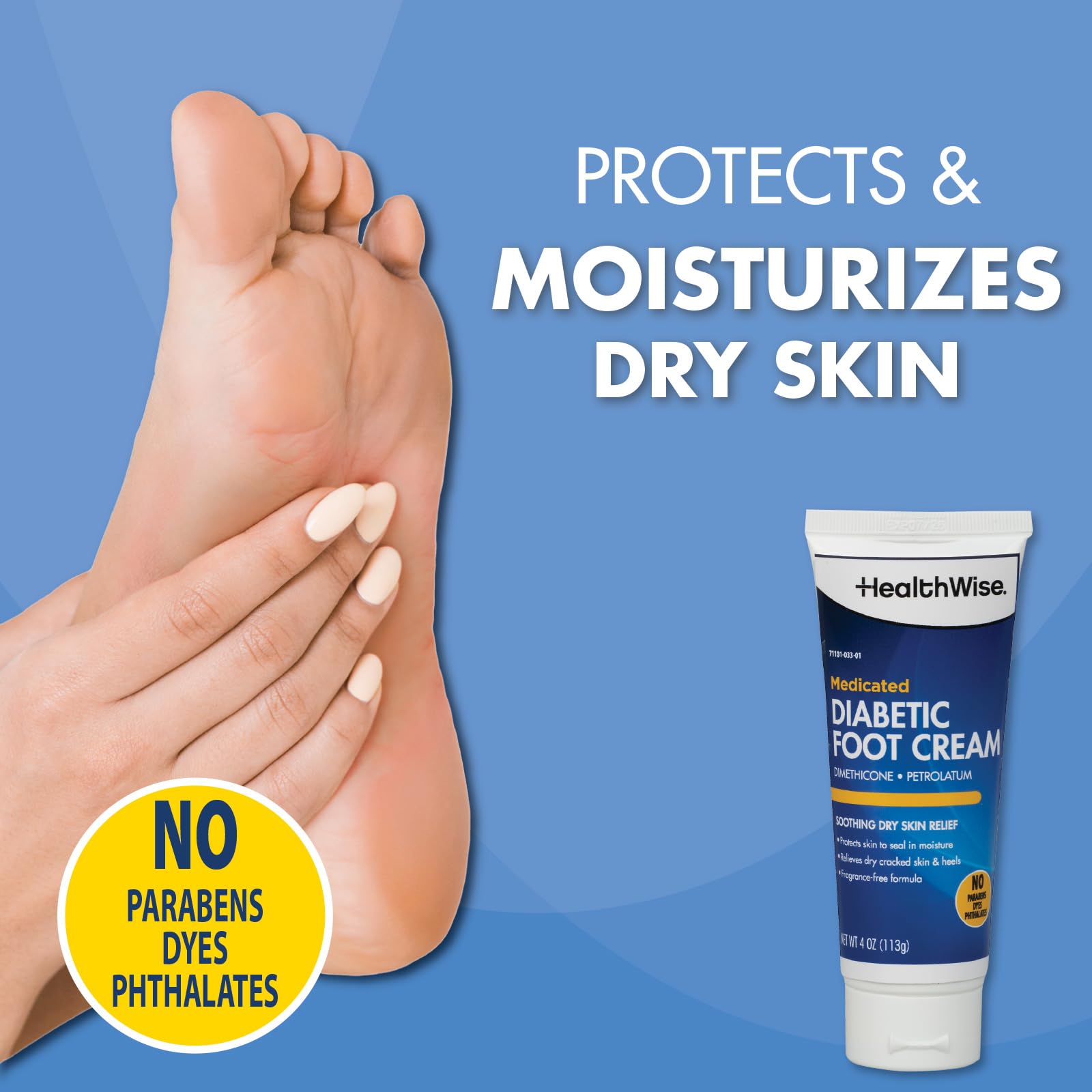 HealthWise diabetic foot cream showing the moisture seal ingredients dimethicone and petrolatum.