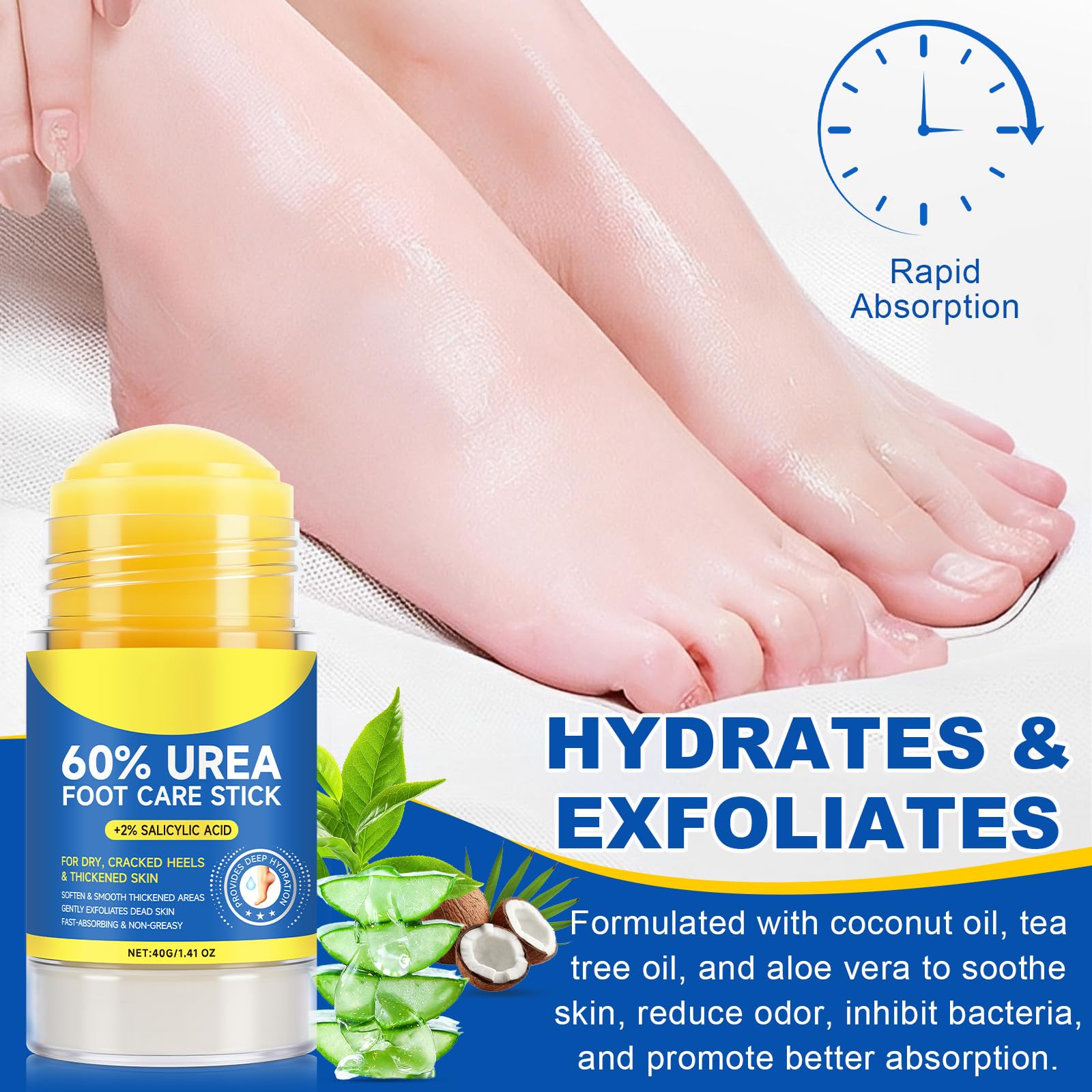 Maximum strength foot moisturizer stick being applied to a dry heel area.