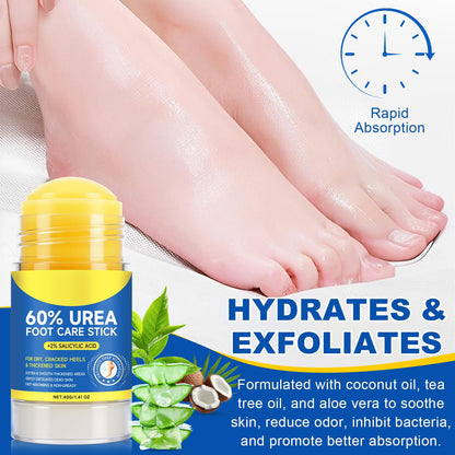 Maximum strength foot moisturizer stick being applied to a dry heel area.
