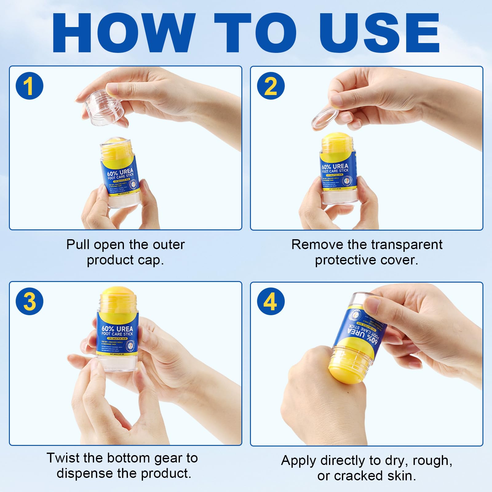 Compact packaging of the 40 grams exfoliating calluses remover stick product.