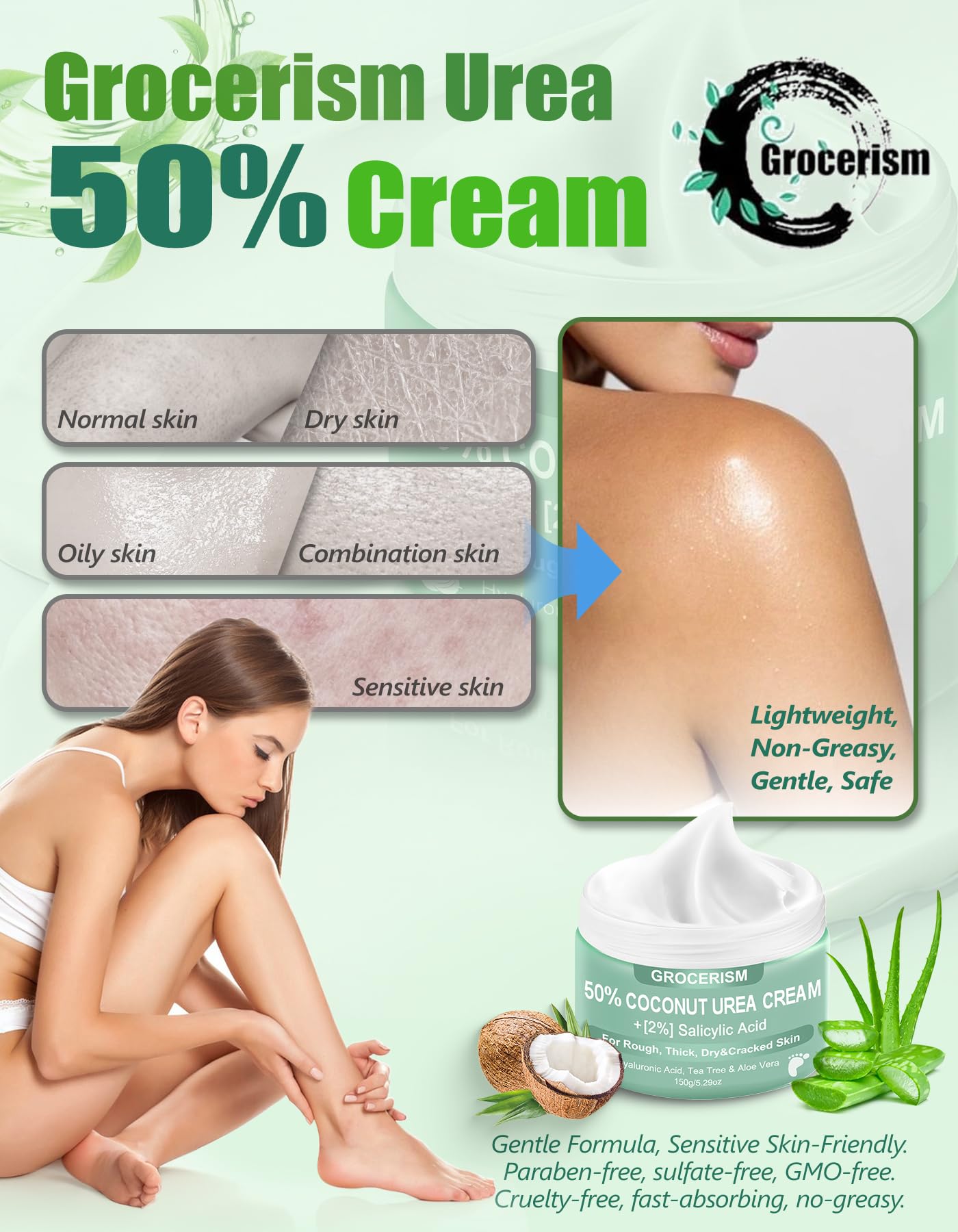 Grocerism Fifty Percent Urea Cream jar displaying key ingredients including coconut and salicylic acid