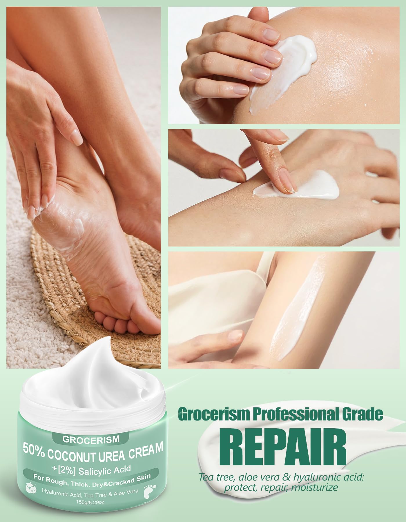 Grocerism 5.29 ounce coconut urea cream container highlighting exfoliating formula
