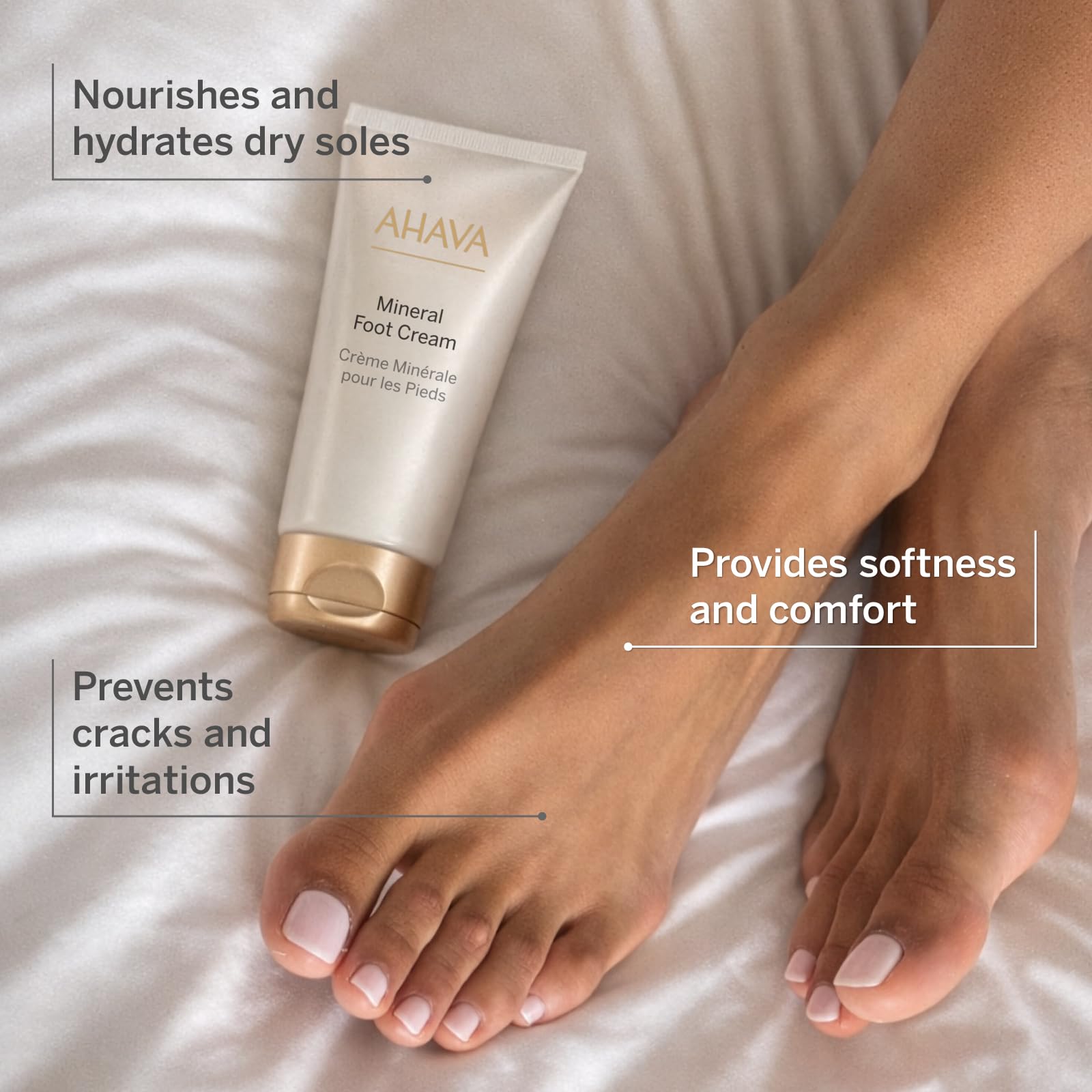 AHAVA foot cream tube highlighting witch hazel and jojoba oil benefits