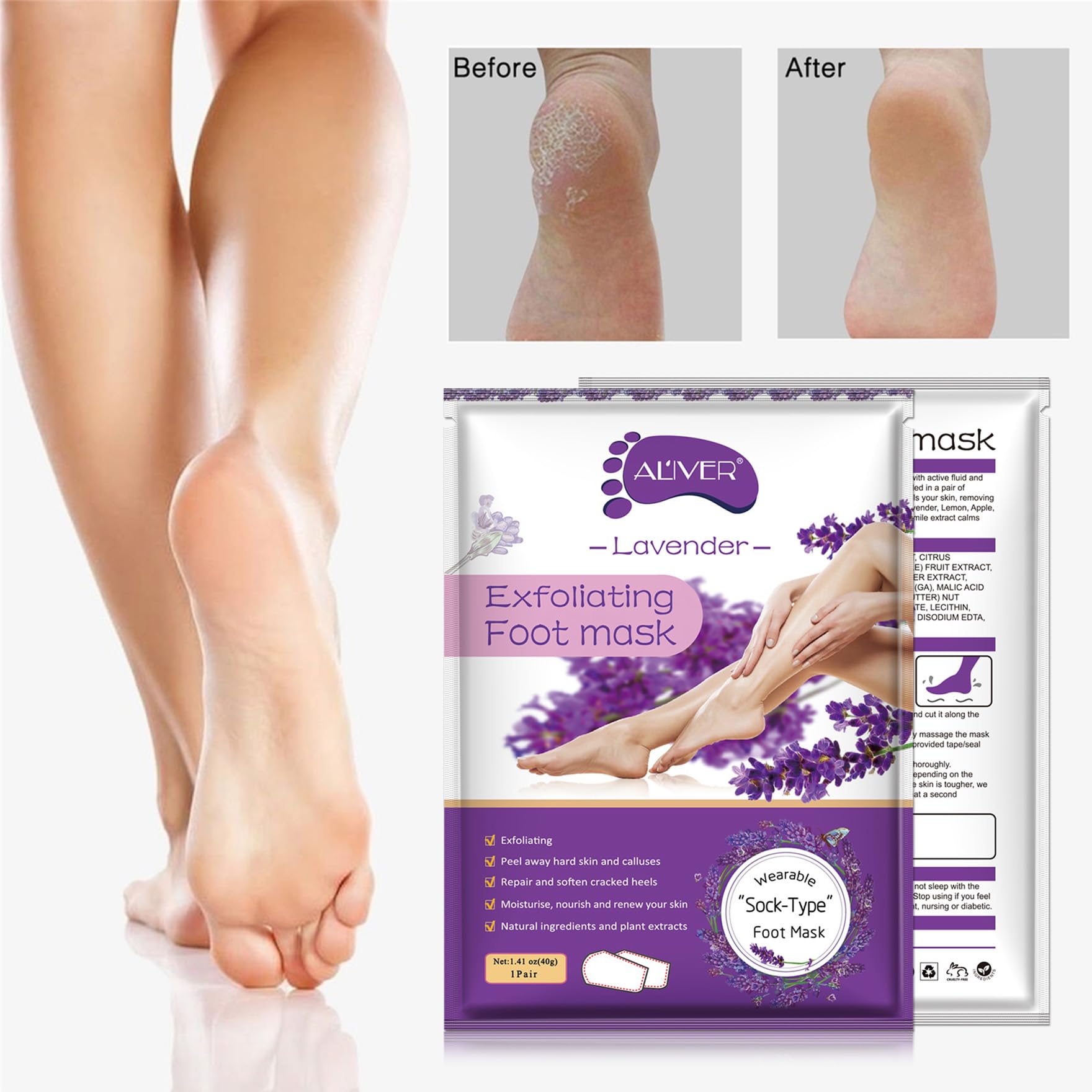 Lavender exfoliating foot mask booties for callus removal and smooth skin.