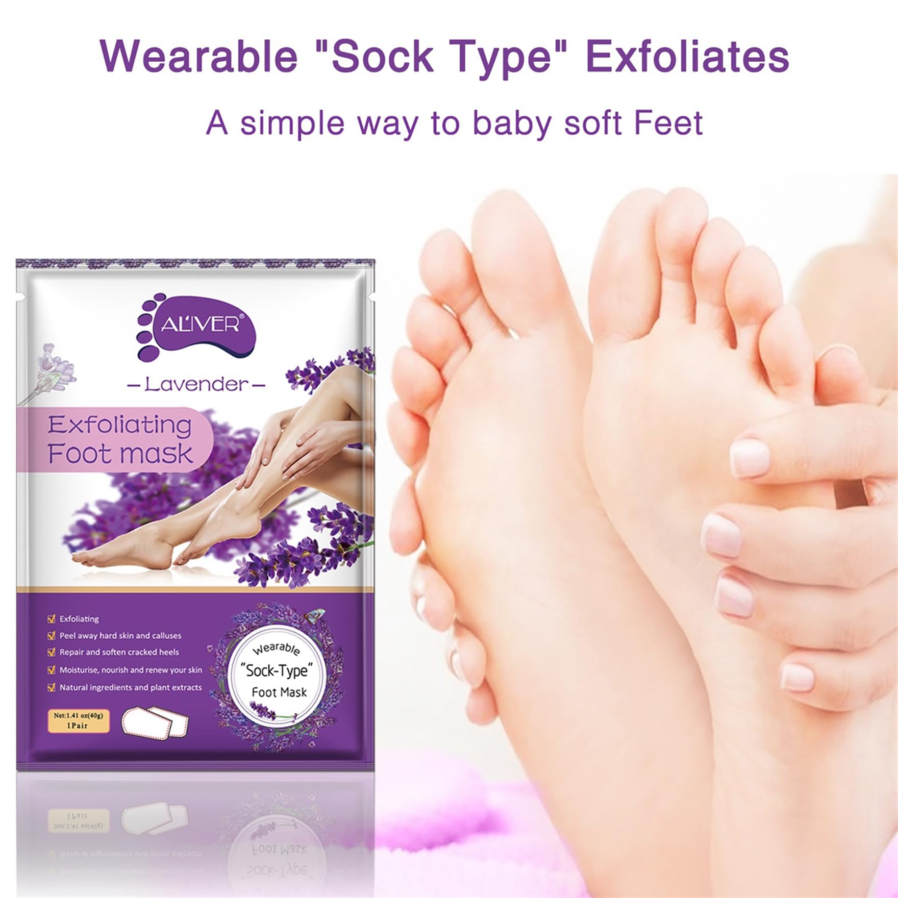 Exfoliating foot mask socks with natural lavender and fruit extracts.