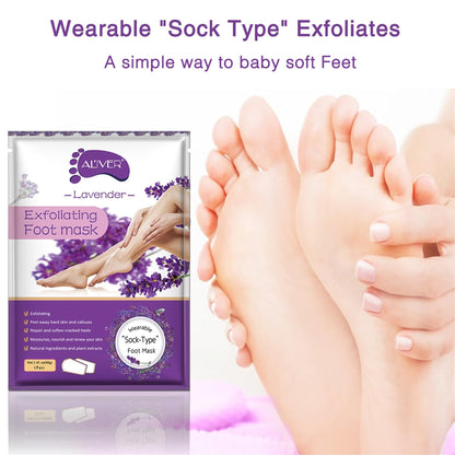 Exfoliating foot mask socks with natural lavender and fruit extracts.