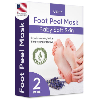 Two pair pack of CÉLOR exfoliating foot masks for men and women.