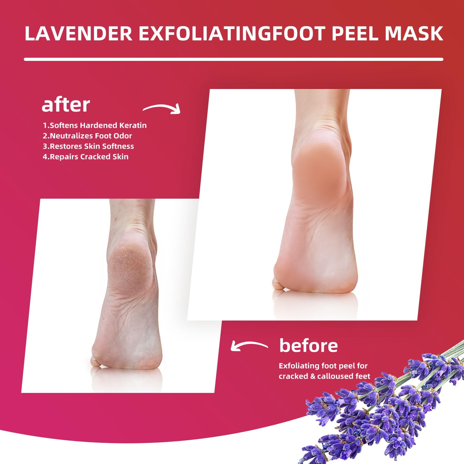 Exfoliating foot mask treatment package showing key ingredients